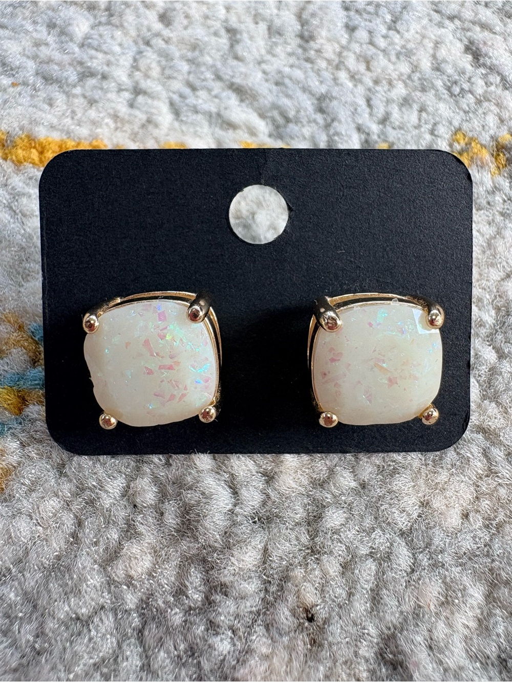 Gold-Set Iridescent White Faux Opal Stud Earrings
